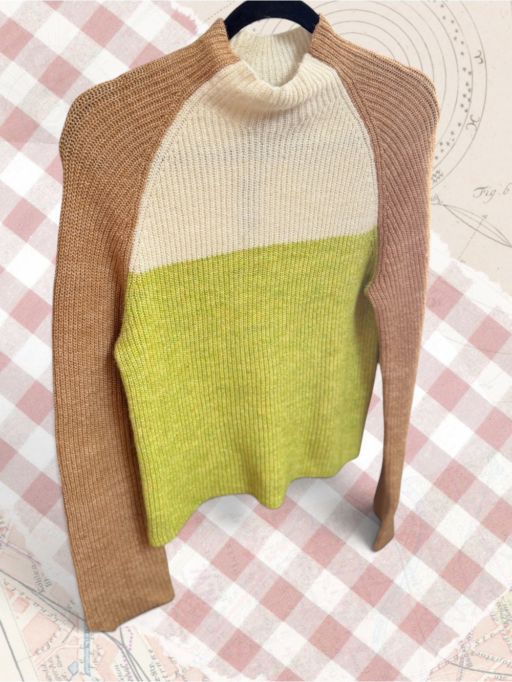 Central Park West Colorblock Ribbed Turtleneck Sweater in Cream, Lime and Brown